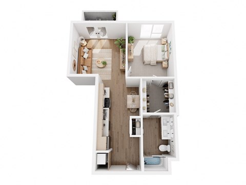 A top-down view of a small apartment with a kitchen, living room, and bathroom.